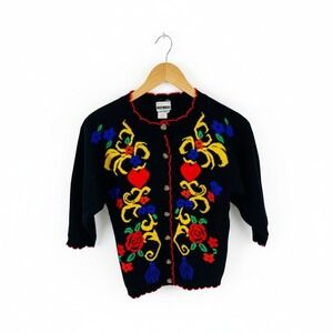 Vintage Knitwaves Black Intarsia Floral Heart Button Front Cardigan Size M